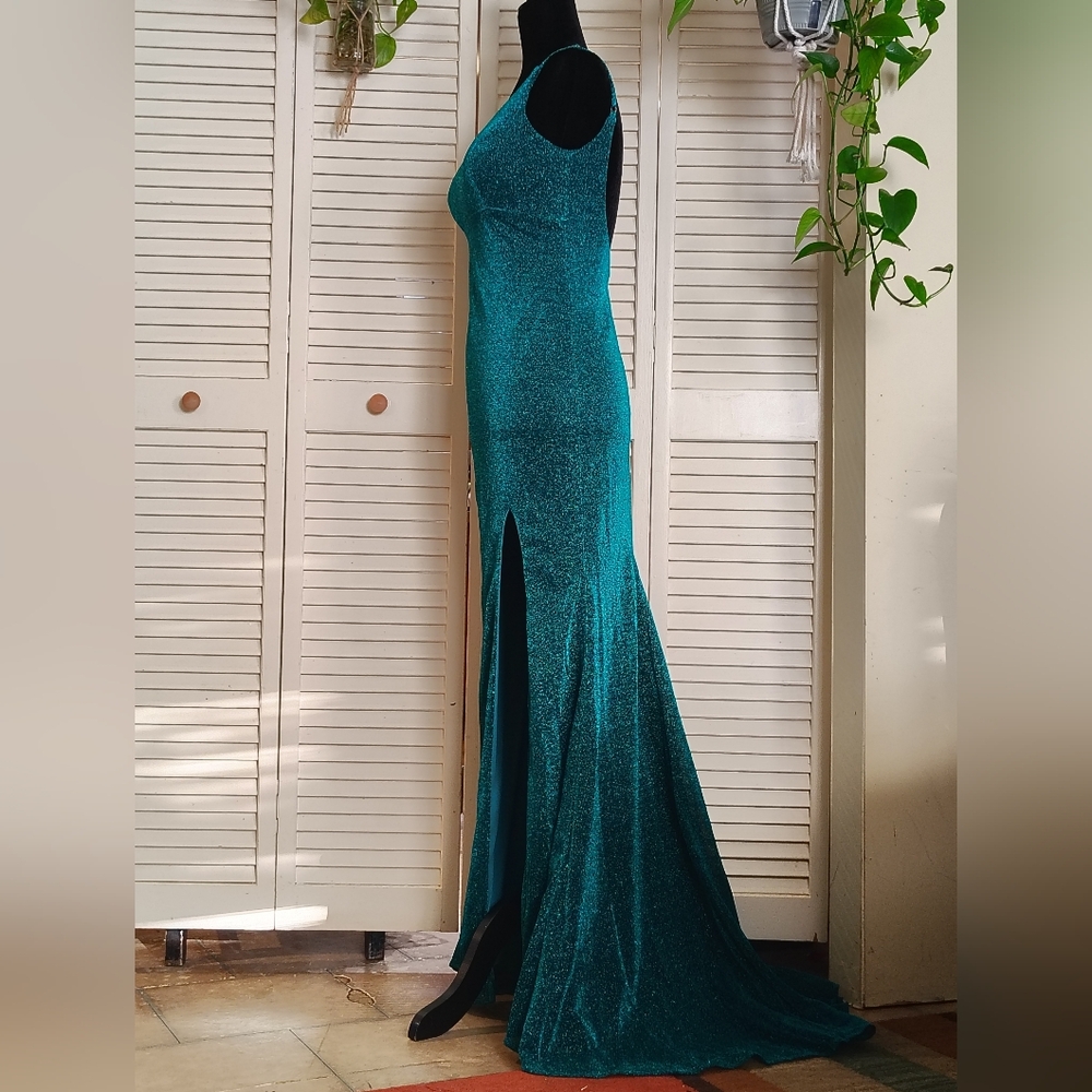 Stunning Teal Glitter Prom Dress with High Slit Size 4 – Like New - Picture 4 of 15